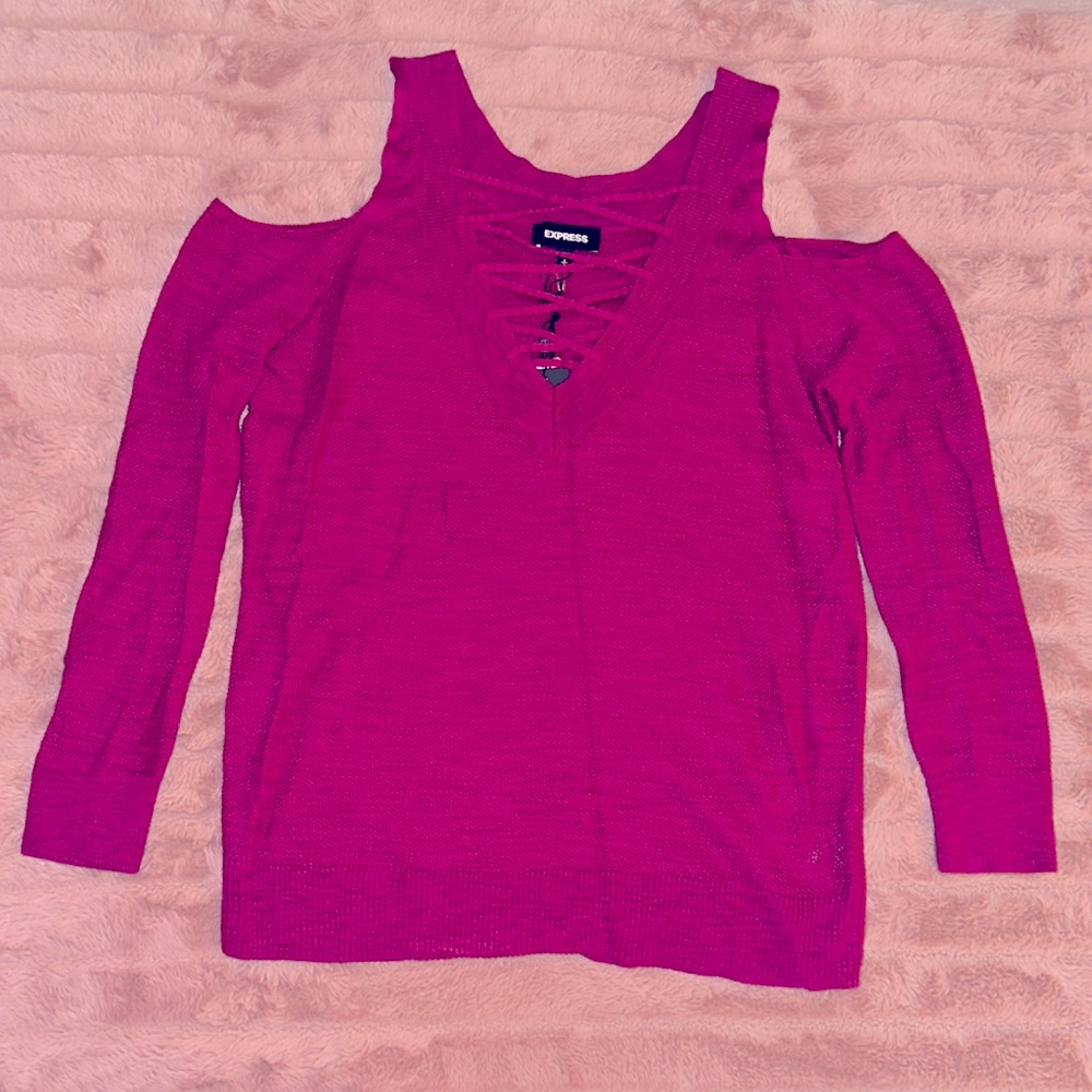 Express pink cold shoulder reversible sweater